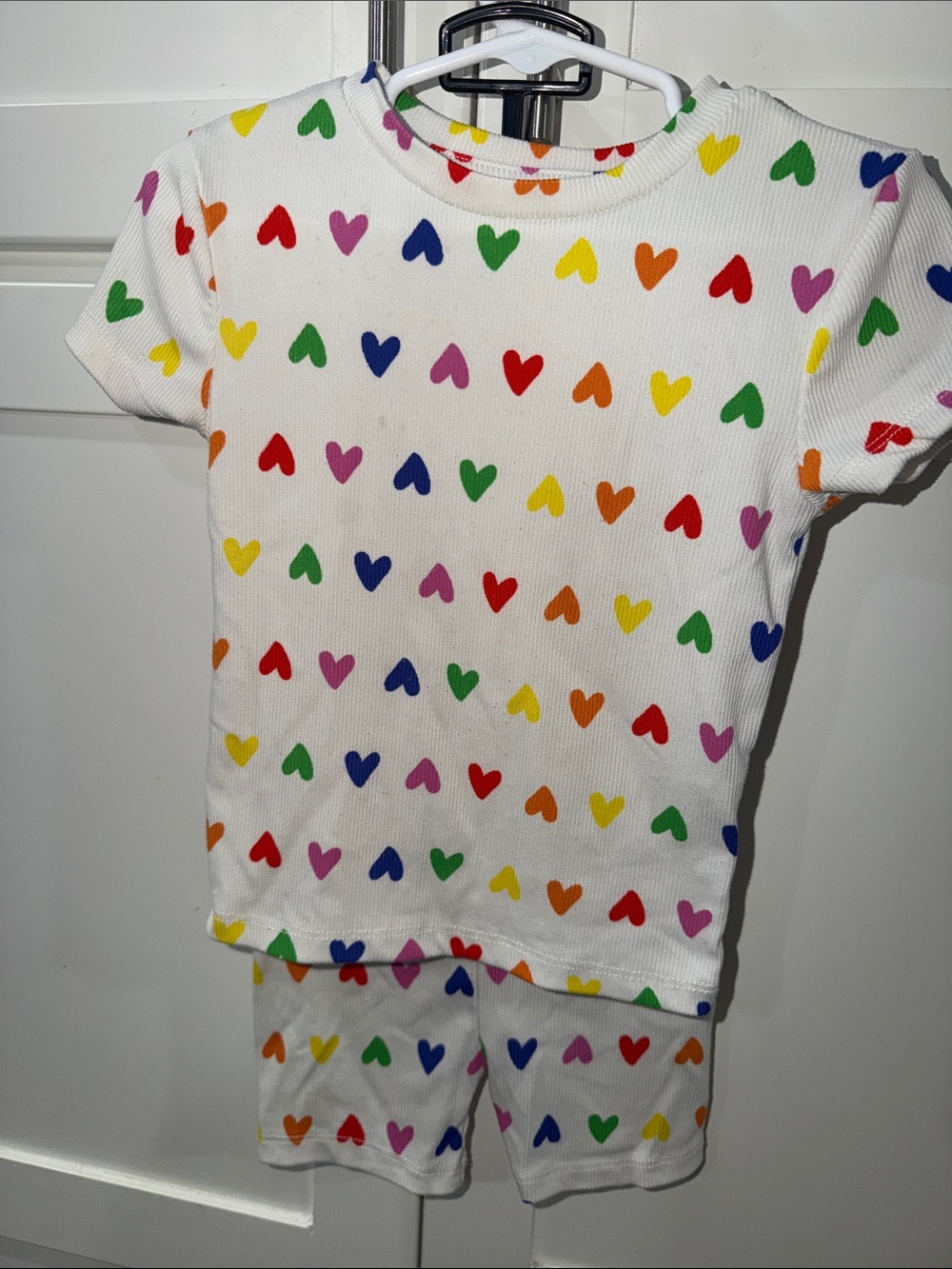 Girls' White Short Sleeve Tee with Rainbow Heart Print